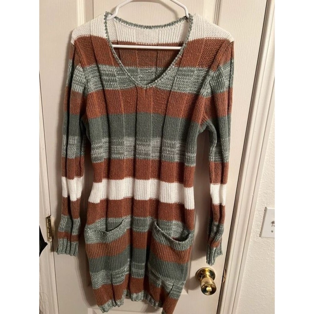 Striped V‑Neck Pocket Sweater Dress